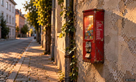 Alter roter Kaugummiautomat an einer Hauswand, darauf ein KANNSTEMACHEN Sticker mit dem Spruch: Das kannste schon so machen, aber dann isses halt Kacke. [AI GENERATED]